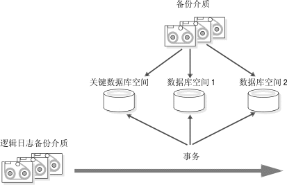 此图显示从备份介质移动的数据以及从逻辑日志备份移动到关键和非关键数据库空间的事务。